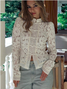 <span class=keywords><strong>Camicetta</strong></span> Cheongsam in <span class=keywords><strong>pizzo</strong></span> bianco con colletto alla coreana, elegante top corto a maniche lunghe da donna - Product Image 2