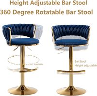Ensemble de 3 tabourets de bar élégants en velours bleu, tabourets de bar à hauteur de comptoir avec dossier bas et pivotants en or pour îlot de cuisine