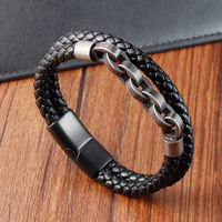 Bracelet pour homme OPJ en acier inoxydable fait main, perles, cuir véritable noir 316L avec fermoir magnétique, bijoux simples