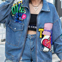 OEM personnalisé dessin animé taille-serré veste en jean femmes style ample haute rue veste femme à manches longues bleu jean manteau