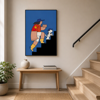 Décoration murale moderne : portrait de dessin animé homme avec chien sur escalier, peinture sur toile, illustration colorée et plate, impression pour salon et décoration intérieure