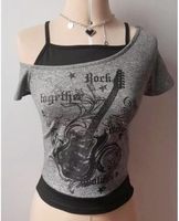 Camisetas Emo Grunge para Mujer, Estilo Años 2000, con Gráficos de Guitarra Eléctrica, Camisetas Cortas de Dos Piezas, Manga Corta, Vintage Y2K, Top Corto, Ropa Gótica Alternativa