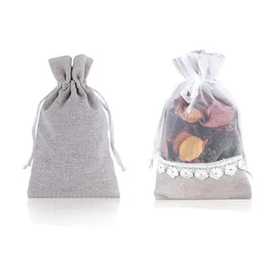 Special jute sheer customized mini muslin white jute drawstring packaging gunny burlap jewelry bag with bow
