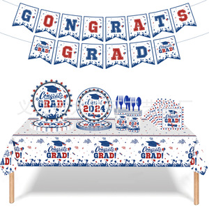 Ensemble de vaisselle jetable pour fête de remise des diplômes, 60-80 pièces, assiettes, gobelets, serviettes, décorations classe de 2024 - Product Image 1