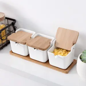 Caixa de tempero para utensílios de cozinha, panela de cerâmica com tampa de bambu, sal, açúcar, pimenta, temperos, ideias para novos produtos, 2024