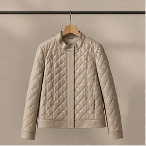 Veste en cuir courte pour <span class=keywords><strong>femme</strong></span>, col montant, <span class=keywords><strong>manteau</strong></span> matelassé avec doublure en mélange de <span class=keywords><strong>laine</strong></span> et de <span class=keywords><strong>laine</strong></span> de chameau - Product Image 2