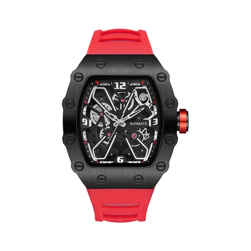 Wholesale silicone strap male wrist watch waterproof red black quartz watch fashion custom logo tonneau skeleton watches for men