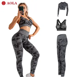 Aola健身房穿运动无缝式打底裤女式瑜伽2件迷彩套装