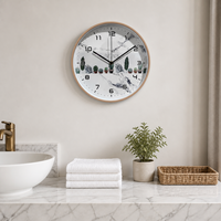 Jam Dinding Tahan Air Bertenaga Baterai Gaya Rustic Latar Belakang Tekstur Marmer Dial Tanaman Hijau Kaktus Sukulen Quartz Senyap