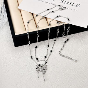 Collana moda a doppia catena in ottone rodio oro bianco K ciondolo a farfalla bianco zirconio diamante nero collana di pietra - Product Image 4