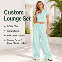 Op maat gemaakte dames cropped zip short sleeve 2-delige set zachte gebreide wijde pijpen broek OEM ODM privélabel voor zomer dagelijkse buitenactiviteiten
