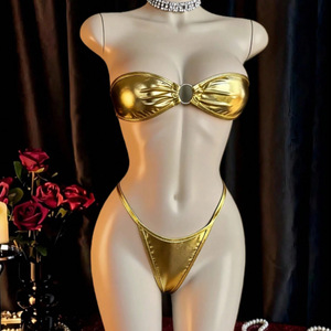 Nuevo Bikini de Verano para Mujer, Sexy y Moderno, de Color Sólido, sin Tirantes, <span class=keywords><strong>con</strong></span> Decoración de Anillo Dorado, Estampado en Caliente, Espalda Descubierta y Abertura Lateral - Product Image 3