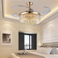 Ventilateur de plafond LED en cristal doré en acier inoxydable de luxe, design moderne de haute qualité, télécommande, intensité réglable pour chambre et salon