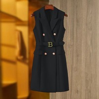 M619 #    Robe blazer sans manches pour femme, double boutonnage, ceinturée, mini-robe de soirée élégante