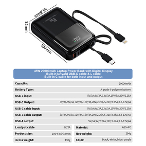พาวเวอร์แบงค์สำหรับแล็ปท็อป 45W ความจุสูง 20000mAh สายชาร์จในตัวแบบ Type-C พร้อมหน้าจอแสดงผลดิจิตอล พกพาสะดวก - Product Image 5