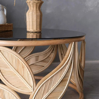 Table basse ronde en rotin tressé à la main, table à thé en osier naturel avec plateau en verre