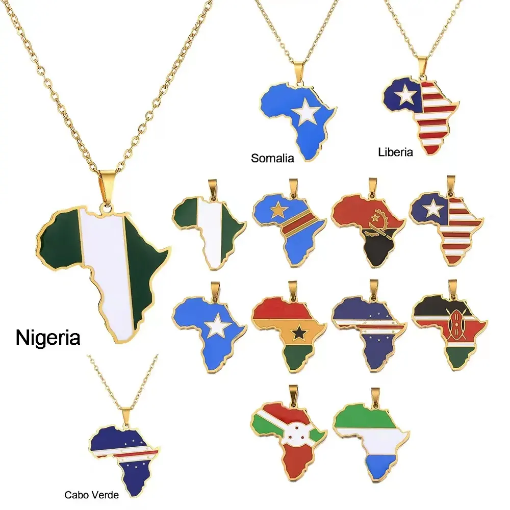 Collar de acero inoxidable de varios países africanos, cadena de acero inoxidable con diseño de mapa de varias cadenas de países de África