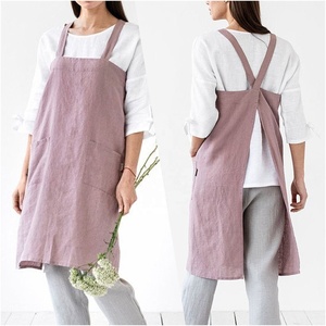 Logo personalizzato 100% lino lino abito <span class=keywords><strong>da</strong></span> <span class=keywords><strong>cucina</strong></span> rosa e blu croce grembiuli posteriori che cucinano il grembiule per la pulizia - Product Image 1