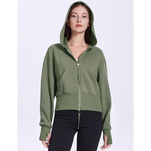 FOXA Women's <b>Cropped</b> <b>Zip</b> <b>Up</b> Hoodie Long Sleeve Drop Shoulder Sweatshirt Casual Ribbed Hem Workout Top With Pockets - Product Image 4
