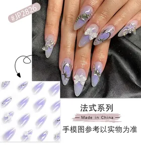 <span class=keywords><strong>Faux</strong></span> ongles Y2K amande mi-longs à rayures argentées, à presser, avec décoration étoiles et diamants, pointes violettes pour doigts - Product Image 2