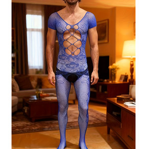 Men's Sexy See Through <b>Fishnet</b> Bodysuit Blue Nylon Spandex Mid Rise Tight Jacquard Suspender Underwear - Product Image 2