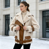 Manteau chaud et épais pour femme, style motard, en fausse fourrure de vison tendance, avec ceinture garnie en PU de couleur contrastante, design personnalisé