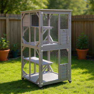 Cuccia Moderna da Esterno a 3 Livelli per Gatti, con Struttura in Legno Verniciato, Gabbia Rettangolare per Animali Domestici con 2 Piattaforme e Ruote Girevoli per Gatti di Taglia Grande - Product Image 2