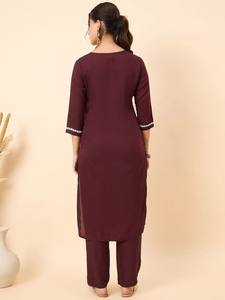 Motivos étnicos granate bordados Chikankari puro algodón Kurta con pantalón - Product Image 4