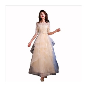 Women's Evening Gown Champagne Color Long Dress High Neck Empire Waist Asymmetric Wedding Party Hostess Dress - Product Image 5
