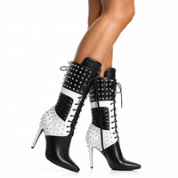 Nouvelle Arrivée 2026 – Bottines Stiletto Noires et Blanches à Lacets avec Clous Argentés pour Femme – Bottes Courtes d'Hiver 10 cm