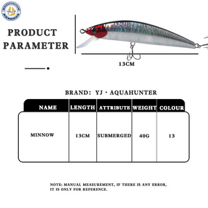 เหยื่อปลอมยี่ห้อ Yajie รุ่น Minnow ขนาด 13 ซม. น้ำหนัก 40 กรัม แบบจม สำหรับตกปลาทะเลน้ำลึก ใช้สำหรับตกปลาแมคเคอเรลและปลากะพง - Product Image 5
