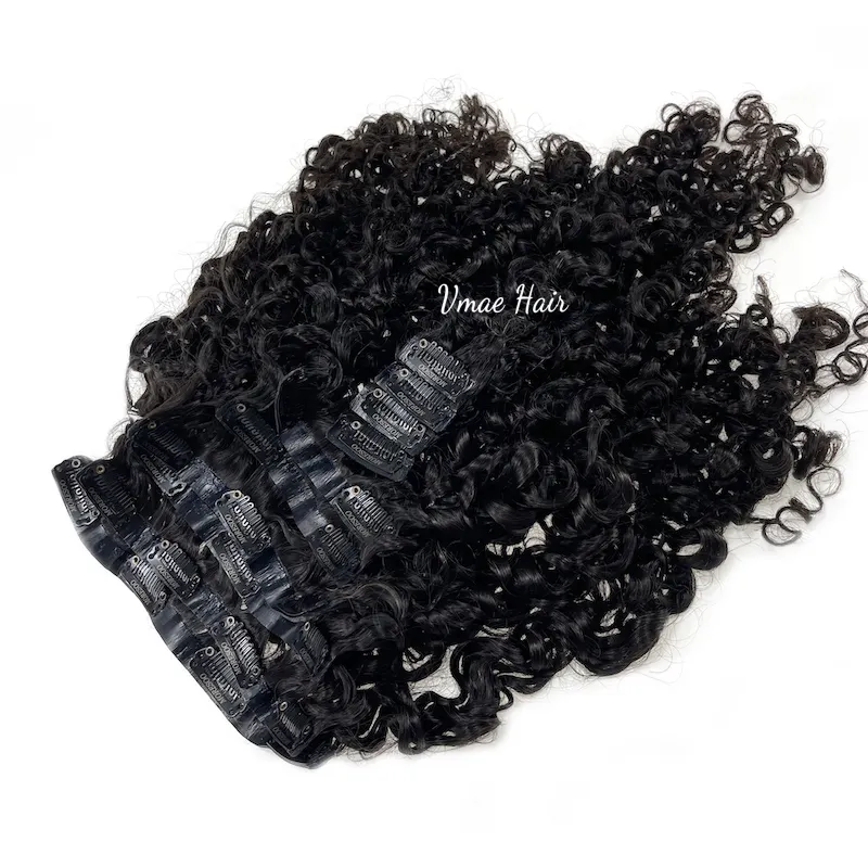 Vmae Việt liệu lớp biểu bì phù hợp tóc con người PU Clip Ins nước sâu sóng afro kinky xoăn liền mạch clip trong phần mở rộng tóc