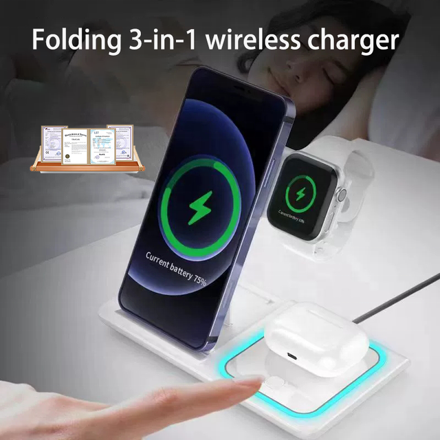 3-in-1 Foldable Fast Wireless Charger Stand for iPhone Apple Watch & AirPods Travel Portable Charging Station 3 in 1