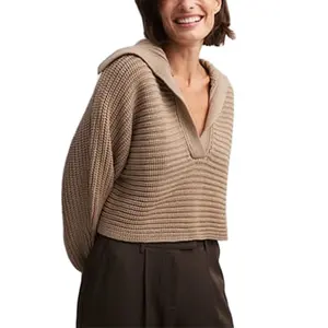 Kaiqi 의류 새로운 순수한 노란색 여성 패션 오버 사이즈 스웨터 대형 옷깃 랜턴 소매 짧은 풀오버 스웨터 겨울