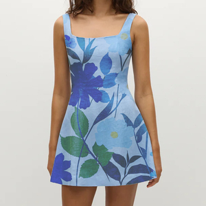Nuovo <span class=keywords><strong>Abito</strong></span> Mini da Donna Wisrise, Stampa Floreale Azzurra, Scollo Quadrato Senza Maniche, Vendita all'Ingrosso - Product Image 1