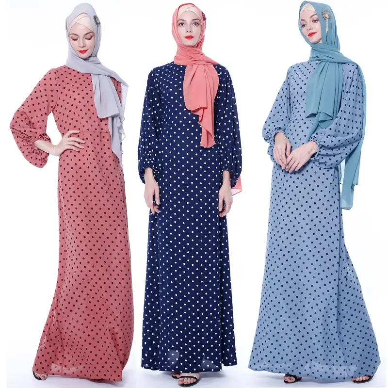 Fashionable Muslim Women Dot Printed Abaya Long Sleeve Maxi Dresses Islamic Clothing Dubai Abaya With Flower Modest White Dress