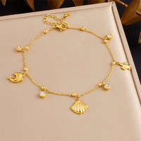 Chaîne de cheville double couche en acier inoxydable tendance avec breloques cerise, strass, étoile de mer et coquillage, bijoux de plage pour femme