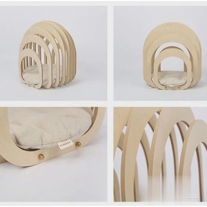 Creative Curved Design Solid Wood Cat <b>Bed</b> Oval Natural Wood Color Faux Fur Fill Cat <b>House</b> - Product Image 3