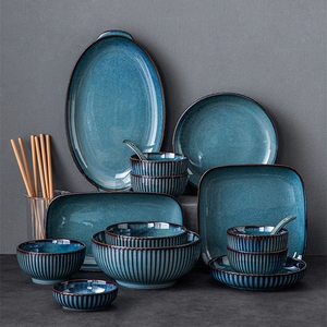 Bộ đồ ăn sứ Âu kiểu dáng sáng tạo, men đổi màu lò xanh, đĩa nông kẻ sọc, bát cơm, bát súp, bộ đồ ăn gia đình - Product Image 1