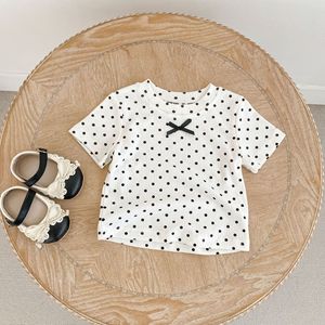 <span class=keywords><strong>Camiseta</strong></span> de Verano para Niña, Color Sólido con Puntos, <span class=keywords><strong>Manga</strong></span> <span class=keywords><strong>Corta</strong></span>, Lazo y Ribetes - Product Image 5