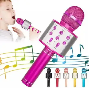 儿童热WS858麦克风唱歌5合1无线蓝牙麦克风带发光二极管灯机器便携式麦克风扬声器新礼品