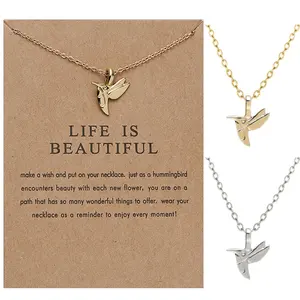 Mode einfaches Design machen eine Wunsch karte vergoldet versilbert fliegenden Vogel Kolibri Anhänger Halskette Schmuck für Frau Dame