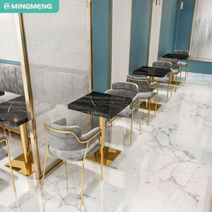Cabanes en cuir commerciales modernes Dalles de marbre Chaises plaquées titane Table de restaurant et ensembles de chaises - Product Image 3