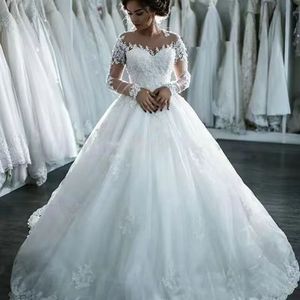 Modern Floral Print Eco-Friendly Wedding Dresses Sexy Plus Size Long Sleeve Lace Embroidery Beaded Sweep Train - Product Image 2