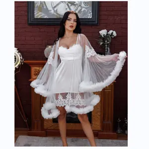 Sexy Women Kimono Nighttime Comfort Silky Robe Nightgown Luxe Lace Long Satin Slip Dressing Gown Boudoir Bridal Robe with Lace