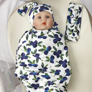牛奶丝弹力新生儿接收毯超柔软婴儿襁褓配帽子和头带蝴蝶结