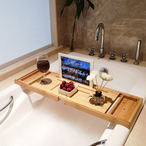 Plateau de bain en bambou avec compartiment de rangement, rétractable et antidérapant, pour utilisation dans la baignoire - Product Image 1