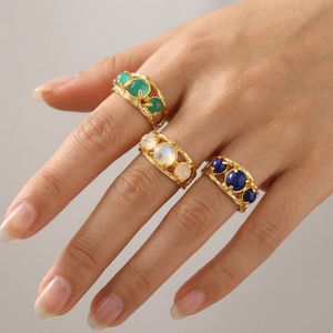Anillo Ajustable de Latón Sólido con Baño de Oro de 18k, con Piedras Naturales de Lapislázuli, Piedra Lunar y Ónix Verde, Estilo Hip Hop - Product Image 2