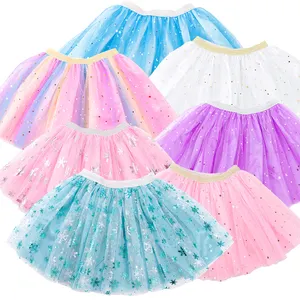 TT014 Kid Girl Summer Outfits Sequin Star and Moon Print Layered Tutu Skirt for Girls Princess Tulle Ballet Skirt Dress