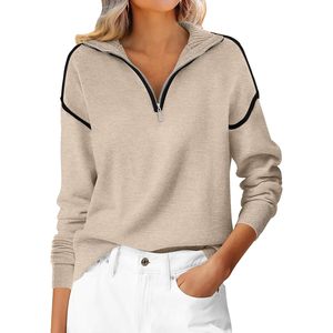 Pull en maille décontracté pour femme, col en V, manches longues, fermeture éclair quart de tour, anti-boulochage, idéal pour l'automne - Product Image 1